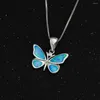 Chains Lovely Blue Fire Opal Butterfly Pendant Necklace For Lady's Gift