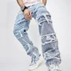 Men's stacked Jeans Distressed Destroyed Straight Denim Pants Streetwear Clothes Casual Jean