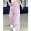 Women's Pants Fashion Grey Pink Cargo 2023 Summer Women's High Waist Straight Tube Wide Leg Casual Quick Drying American Sweatpants