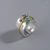 Cluster Rings Vintage Wide Face Two-Color Ring Inlaid With Turquoise 952 Silver Women's Jewelry