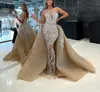 Luxury Mermaid Evening Dresses Sleeveless V Neck Straps Appliques Floor Length 3D Lace Diamonds Detachable Train Plus Size Prom Dress Plus Size Gowns Party Dress