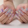 Unghie finte Lussuoso diamante Unghie acriliche Fatte a mano Chiaro Arcobaleno Unghie Salon Rettangolo Glitter Unghie finte Premere sull'unghia personalizzata 230619