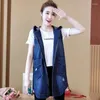 Kvinnors västar Spring Autumn Korean Casual Denim Vest 5xl Women Slim Sleönveless Hooded Waistcoat Topps Female Loose Long Zip Outwear