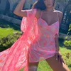캐주얼 드레스 섹시한 등이없는 핑크 넥타이 다이 비치 오픈 백 중공 레이스 분할 파일 칼라 미니 스커트 여성 여름 휴가 복장 클럽 드레스