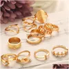 Anillos de racimo Conjunto de anillos de oro de Boho Conjunto de nudillos tallados en el dedo Accesorios de mano con estilo Joyas de aleación de metal para mujeres y niñas Sr0078 Dh20V