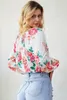 Groothandel snelle verzending herfst dameskleding bloemenprint tops notch v-hals pofmouwen blouse