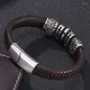 Charm Bracelets Trendy Jewelry Men Brown Leather Braided Bracelet Punk Stainless Steel Spades Skull Magnetic Clasp Man Bracelete Charms