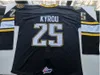 Üniversite hokey fiziksel fotoğraflar giyiyor Kowell Sarnia Sting Black 25 J. Kyrou Erkek Gençlik Kadınlar Vintage Lise Boyutu S-5XL VEYA herhangi bir isim ve numara forması