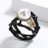 Cluster-Ringe Mode eingelegte Perle Schwarzgold Ring für Damen Böhmischer Stil Schmuck Hohe handgemachte Party Verlobung