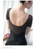 Stage Wear Korte Mouwen Kant Ballet Dans Bodysuit Zwart Backless Gymnastiek Kostuum Ballerina Praktijk Turnpakje