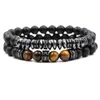 Charm Bracelets Fashion Natural Tiger Eye Stone Bead Bangle 2pcs/set CZ Cylinder Beads Bracelet For Men Women Punk Wristband Jewelry
