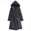 Partihandel Autumn New Belt Hooded Long Cotton Coat