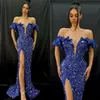 Sexy Sequins Prom Dresses Royal Blue Off Shoulder Evening Gowns Slit Semi Formal Red Carpet Long Special Occasion dress