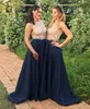 2023 nouvelles robes de demoiselle d'honneur or et bleu marine bleu pure cou majeur perlé étage longueur mariage invité fête bal robes de soirée