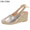 Sandalen Mode Frauen Espadrilles Zurück Riemchen Wedges Schuhe 2023 Sommer Plattform Abdeckung Zehe Galdiator Casual Vintage Frau Gold