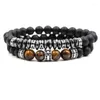 Charm Bracelets Fashion Natural Tiger Eye Stone Bead Bangle 2pcs/set CZ Cylinder Beads Bracelet For Men Women Punk Wristband Jewelry