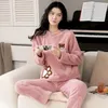 Indumenti da notte da donna Inverno Pigiama da donna Flanella M-XXL Girocollo Pullover Cartoon Coral Fleece Addensato 2 pezzi Abbigliamento per la casa