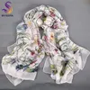 Foulards BYSIFA Blanc 100% Soie Écharpe Cape Mode Floral Design Longues Écharpes Femmes D'été Utralong Plage Châle D'hiver Scarves180 * 110cm 230619