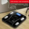 Vücut Ağırlığı Ölçekleri USB Bluetooth Zemin Banyo Ölçeği Akıllı LCD Ekran Yağ Su Kas Kütlesi BMI 180kg 230620