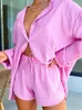Kvinnors träningsdräkter Kvinnor Casual 2 Piece Tracksuit Loose Button Blus Shirt Top High Wasit Elastic Shorts Set Loungewear Summer Outfits
