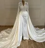 2023 arabo Aso Ebi avorio sirena abito da sposa perle maniche lunghe in raso abiti da sposa di lusso abiti ZJ2012