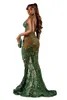 Favoloso ASO EBI Abiti da sera africani Sexy Sheer Green Split Long Evening Prom Gowns Appliques Paillettes Spaghetti Scollo a V Met Gala Robes