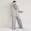 Kvinnors tvåbitar byxor hiloc överdimensionerad satin silkes sömnkläder lågklippt sexiga pyjamas för kvinnor med en breasted långa ärmar bred benbyxor
