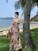 Women's beach vacation painting flowers print ruffles collar high waist maxi long dress SMLXL
