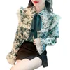 Women's Blouses Satin Shirt For Women Summer 2023 In Lace Print Casual Loose Top Long Sleeve Bow Ruffle Turn-down Collar YCMYUNYAN