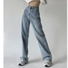 Jeans femme taille haute blanc jambe droite automne ample Double grandes poches carrées lavage décontracté bleu Denim filles pantalon Y2k pantalon