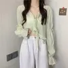 Frauen Strick Süße Rüschen Lace Up Cardigan Frauen Sommer Langarm Sonnencreme Jacke Frau Candy-farbe Chiffon Crop tops