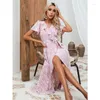 Casual Dresses Summer Boho Dress Women One Piece Split Holiday Style Short Sleeve Maxi Female Clothing Beachwear Floral Sundress