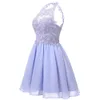 Krótka lawendowa sukienka Homecoming Mini koraliki koronkowe aplikacje Otwarcie kantarki szyi urodziny