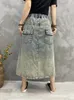 Rokken 2023 Lente Herfst Vrouw Denim Rok Cirkel Patch Lange Elastische Taille Vintage Borduurgaten Potlood