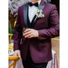 Men's Suits Men Suit 3 Pieces Burgundy With Black Peaked Lapel Business Casual Fit Wedding Groom Party Banquet Set Jacket Vest Pants