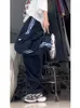 Amerikanische Retro-Sommer-Cargohose Damenanzug Mode 2023 neue lockere und vielseitige gestreifte Hose mit weitem Bein blau