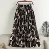 Röcke Vintage Floral Lange Plissee Frauen Koreanischen Stil Elastische Taille Chiffon Rock Weiblichen Frühling Sommer Lose A-Line Midi