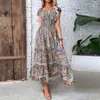 Robes décontractées Femmes Vintage Imprimé longue robe Summer Elegant V Neck Elastic Alastic Maxi 2023 Holiday Bohe Sexy Sexe Short Sleeve A-Line Robe