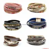 Charm Armbänder Mtilayer Leder Wickelarmband für Frauen Mädchen Mti Layer Wrapped Armbänder Boho Breite geflochtene Riemen Armreif Bracel Dhzov