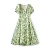 2023 Summer GreenFloral Print Dress Manga Curta Decote Quadrado Midi Vestidos Casuais W3L046310