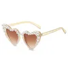 Sunglasses European And American Designers Large Frame Crooked Heart With Pearls Peach Ladies Anti-UV