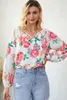 Groothandel snelle verzending herfst dameskleding bloemenprint tops notch v-hals pofmouwen blouse