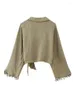 Women's T Shirts Linen Bow Beading Blouse Women Summer Long Sleeve V Neck Tassel Casual Street Wear Tops 2023 Fashion Vintage Green Blouses