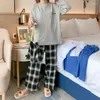 Vrouwen Nachtkleding Thuis Kleding Voor Vrouwen Set Geruite Broek Brief Solid Top Pyjama Pijamas Mujer Lente En Herfst Pyjama