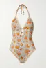 Bañador elegante estampado para mujer, bañador Sexy con cuello Halter de una pieza, Bikini ajustado con escote en V profundo, estilo Pastoral, verano 2023