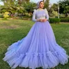 Lavender Hijab Arabic Dubai Prom Dresses 2023 Long Sleeves Ruffles Muslim Evening Party Gown Heavy Pearls Islamic Women