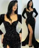 Sexy Haute Fentes Robes De Soirée Manches Longues Paillettes Paillettes Sirène Formelle Robes De Bal Balayage Train Arabe Aso Ebi Femmes robe de soirée