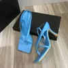디자이너 드레스 슈즈 여성의 여름 스파게티 스트랩 발 뒤꿈치 고급 하이힐 스퀘어 발가락 샌들 로마 신발 8.5cm 상자