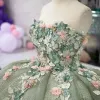 Flores artesanais verdes claras Quinceanera vestidos vestido de baile vestorado sweetheart sleeseless apliques espartilho para doce 15 meninas festa 2023