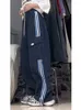 Amerikanische Retro-Sommer-Cargohose Damenanzug Mode 2023 neue lockere und vielseitige gestreifte Hose mit weitem Bein blau